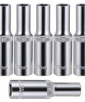Set of 6 chrome vanadium 8mm deep sockets with 3/8 inch drive, showcasing 6 point radius corner design for slip free gripping.