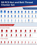 58 Piece Thread Checker Set With 32 Standard And 26 Metric Bolt Size Finders for quick accurate nut and bolt identification.