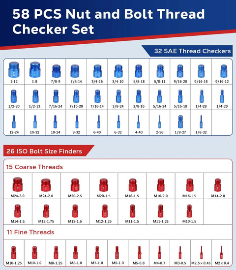 58 Piece Thread Checker Set With 32 Standard And 26 Metric Bolt Size Finders for quick accurate nut and bolt identification.