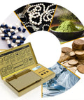 Pocket Scale 200G Capacity With 0.01G Precision; gold titanium with LCD, measuring pills, jewelry, powder, coins, fabric.