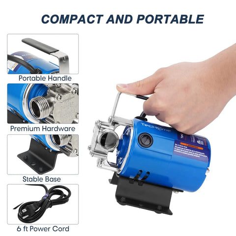 Side view of 115V 1/10 HP Powerful Water Transfer Pump With Hose Kit, showing handle, base, and components.
