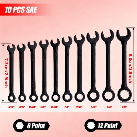Mini SAE Ten Piece Wrench Set with Open End and Box End Wrenches from Five Thirty Second to Seven Sixteenth Inch displayed in a row