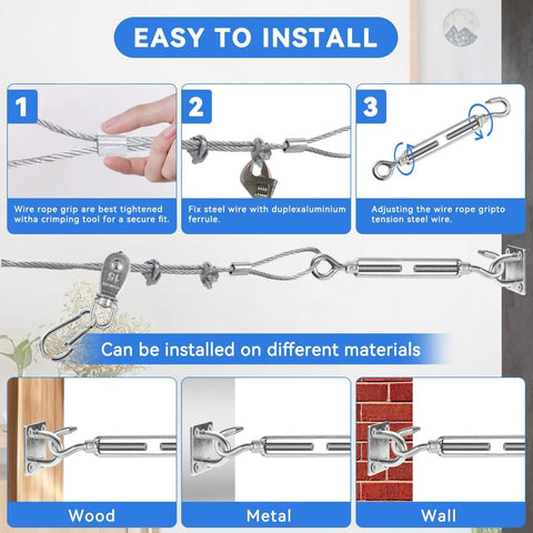 Installation steps for Heavy Duty 55Ft Batting Cage Netting And Cable Tension Kit with steel wire and hooks on wood, metal, wall.