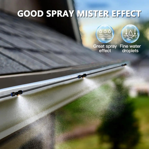 Outdoor Patio Misting System With Water Filter For Cool Down 33 Feet Line Nine Brass Nozzles Brass Adapter For Three Quarter Inch Fittings spraying mist