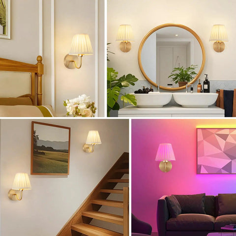 Must Have Battery Operated Wall Sconce Set Of 2 With Pleated Fabric Shade In Gold shown in various indoor settings