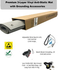 Groundhug ESD mat, 3-layer gray vinyl, 2' x 10', front view with wrist strap, grounding cable, bench grounding kit.