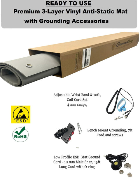 Groundhug ESD mat, 3-layer gray vinyl, 2' x 10', front view with wrist strap, grounding cable, bench grounding kit.