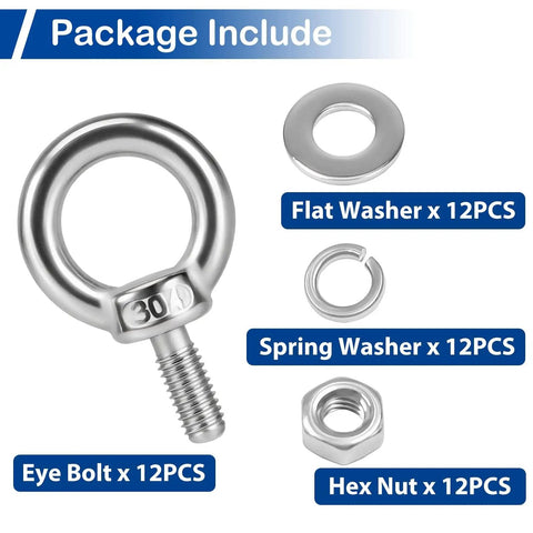 12 Pack M5 Stainless Steel Eye Bolts With Nuts And Washers 12mm Thread Length Lifting Ring Eyebolts Package Components