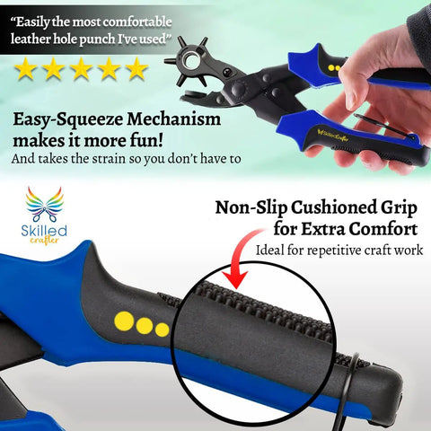 Pro Grade Belt Hole Punch Set With Ruler And Awl for leather craft showing comfort grip and easy-squeeze mechanism