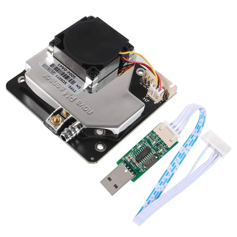 High Precision PM2.5 Air Quality Sensor Module with Digital Output for Arduino, showing fan and connectors, ideal for filtration systems.