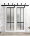 Frosted Glass Barn Sliding Closet Doors With Hardware Kit 84 By 96 Inches 2 Panels Bypass Style White Silk Finish, installed in room