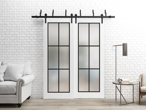 Frosted Glass Barn Sliding Closet Doors With Hardware Kit 84 By 96 Inches 2 Panels Bypass Style White Silk Finish, installed in room