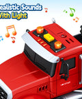 Close-up of red semi truck toy with lights and sound feature, part of 3 In 1 21 Inch Semi Flatbed Truck Toy With Farm Truck For Toddlers
