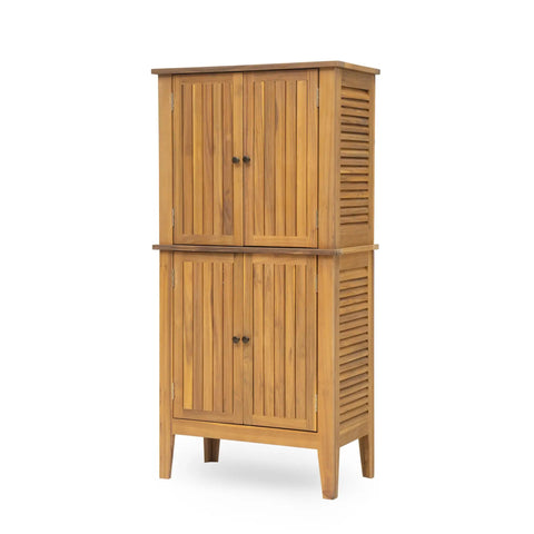 Outdoor Acacia Wood Storage Cabinet With Two Doors And Four Shelves For Backyard Garden Balcony Coastal Farmhouse Style Tool Organizer Weather Resistant Teak Look 61 Inch Tall Shed For Extra Outdoor Storage