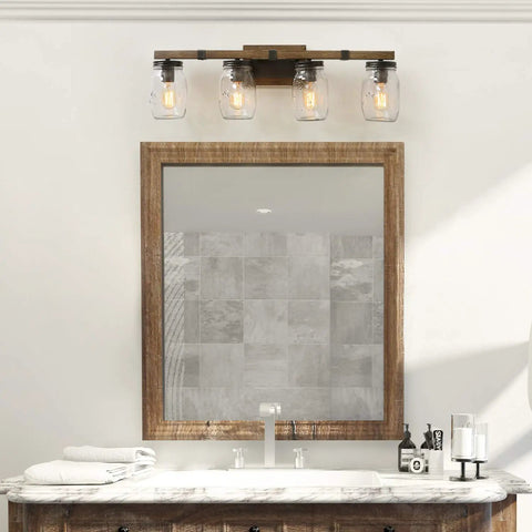 Rustic Farmhouse Vanity Light Fixture With Mason Jar Glass Shades White Wood Finish 29 Inch Four Light Bathroom Lighting over mirror