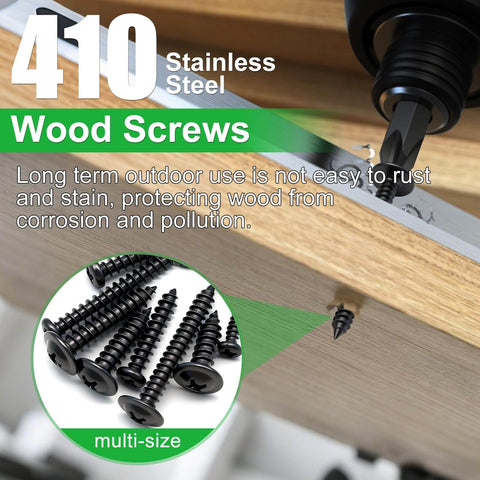 410 Stainless Steel Wood Screw Set, DIY Friendly Assortment Kit With M2 M3 M4 Pan Head And Truss Head Self Tapping Screws, Black Finish