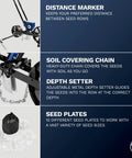 Single Row Garden Seed Seeder With 10 Seed Plates, showing distance marker, soil covering chain, depth setter, and seed plates.