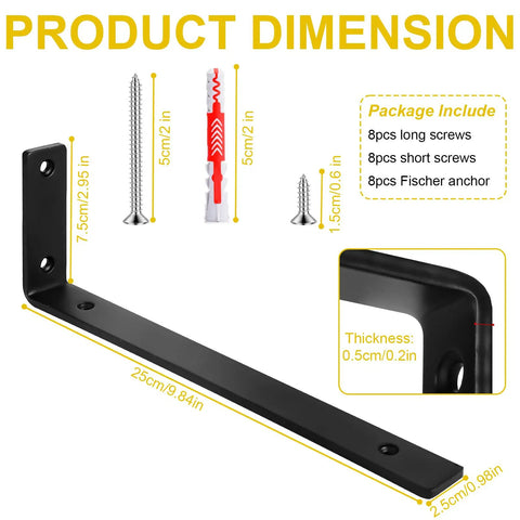 Rock Solid Heavy Duty L Bracket 4 Pack Featuring 10 Inch Metal Floating Shelf Brackets dimensions with screws and anchors.