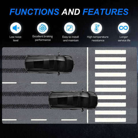 Brake pads set ad banner; overhead view of two black SUVs on a road with a crosswalk and feature icons.