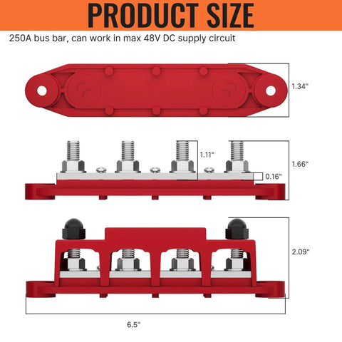 Heavy Duty 12 Volt 250 Amp Bus Bar And Power Distribution Block Featuring Four Three Eighth Inch Studs For Marine Boat Automotive And Solar Wiring Negative And Positive Terminal Block dimensions and design