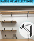 Heavy Duty Closet Rod Brackets Four Pack Wall Mount Shelf Supports crafted from cold rolled steel, displayed with wooden shelves and hooks.