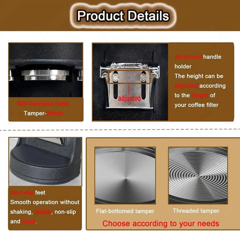 Close-up of Heavy Duty Electric Coffee Tamper Featuring 58mm Universal Fit and touchscreen controls, durable stainless steel and aluminum