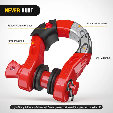 Mega D Ring Shackle Set 68,000 Lb Break Strength 17,000 Lb WLL Heavy Duty Forged Steel Off Road Recovery Shackles Red close-up