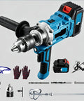 No Fuss 2 In 1 Cordless Drill And Mixer Boasts A Slick 180 Degree Swivel Handle And Snappy 2 Speed Torque For Easy Mortar Grout Mixing Or Rugged Wood Drilling Jobs In Bright Blue with accessories.