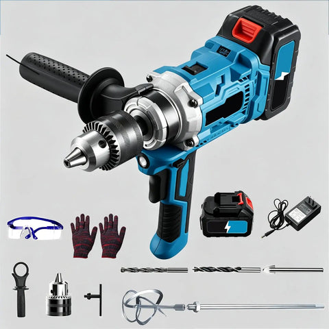 No Fuss 2 In 1 Cordless Drill And Mixer Boasts A Slick 180 Degree Swivel Handle And Snappy 2 Speed Torque For Easy Mortar Grout Mixing Or Rugged Wood Drilling Jobs In Bright Blue with accessories.