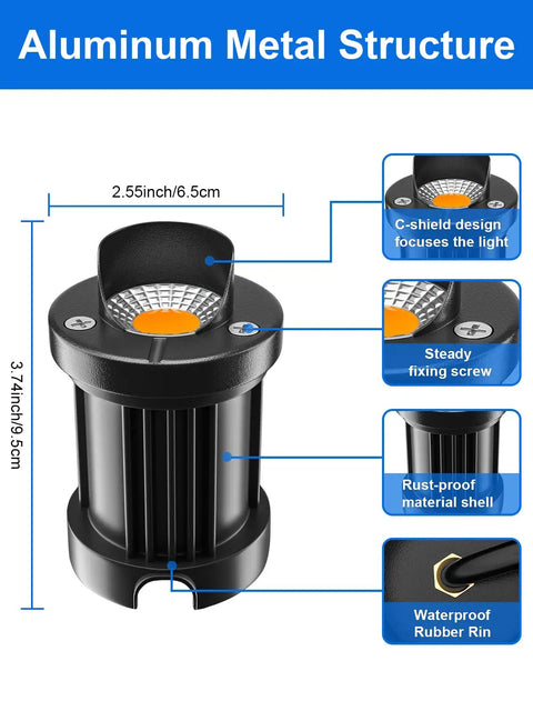 12 Pack 10W Low Voltage Landscape Well Lights aluminum structure with measurements and features detailed