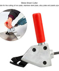 Metal Nibbler Drill Attachment For Sheet Metal Cutting, red handle, turns drill into electric shear, shown cutting metal sheet