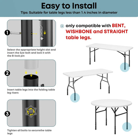 Heavy Duty Carbon Steel Table Leg Extenders Deliver Top Shelf Support For A Quick No Sweat Desk Lift That Kills Back Pain Cold With Simple Height Adjustments Up To Five Point Eight Inches Four Pack installation guide with steps for adjusting height and compatibility.