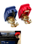 Two Pack Quick Release Cable Terminal Connectors for Cars with blue and red covers, shown installed on a battery.