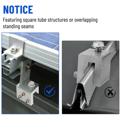 Image comparing proper use of Straight Up Heavy Lifters Aluminum Standing Seam Roof Clamps on metal roof seams.