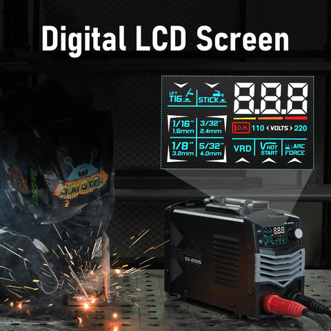 Digital LCD screen on 2 In 1 Stick And Lift TIG Welder 200A 110 And 220V MMA Welder for home repairs, showing settings