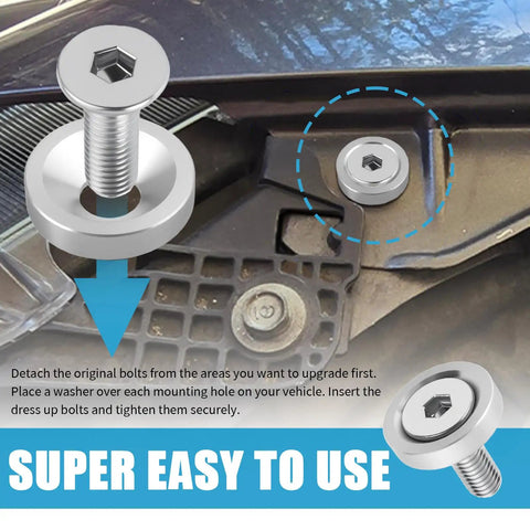40Pc M6x20mm Engine Dress Up Kit With Spacer And Dress Up Bolts In Silver For Car Engine Bay Enhancement And Show Off A Subtle Hardware Upgrade That Makes Your Engine Look Thoughtful And Custom, silver washer and bolt installed in engine bay