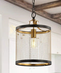 10-Inch Black And Brass Gold 1-Light Iron Pendant Lantern, Modern Drum Hanging Light for kitchen island, chain detail visible