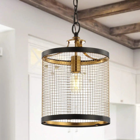 10-Inch Black And Brass Gold 1-Light Iron Pendant Lantern, Modern Drum Hanging Light for kitchen island, chain detail visible