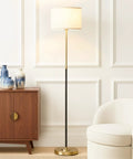 Emery LED Floor Lamp With Drum Shade, Tall Mid Century Standing Light for bedroom reading with brass finish in modern living room.