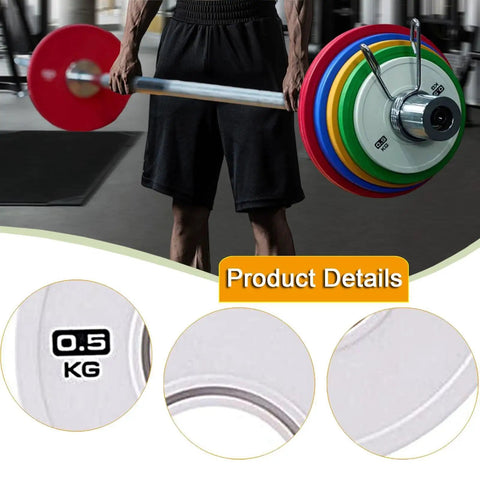 Person holding barbell with 0.5 Kg Barbell Change Plate With Grooved Inner Design For Stable Lifts, white plate in close-up