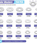 Heavy Duty Fender Washers Assortment Kit in 304 Stainless Steel, Flat Washers Set, Metric Sizes M3 to M12, 250 Pieces