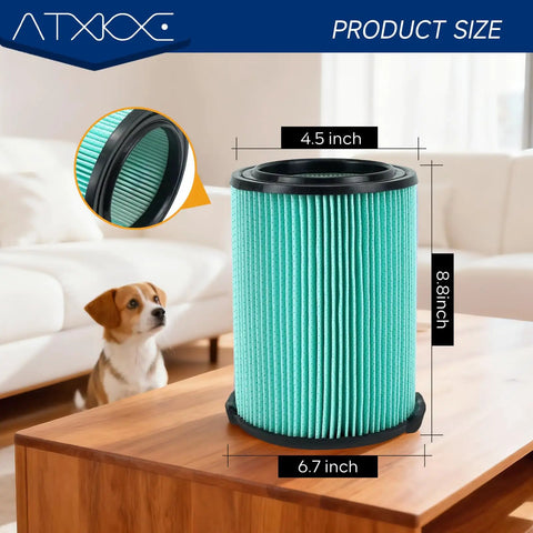Heavy Duty Replacement Filter Kit For 5 To 20 Gallon Wet Dry Vacuums Includes VF6000 Filter Foam Sleeve shown on table with pet.