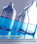 Three clear glass sample vials with blue liquid and blue caps, different sizes
