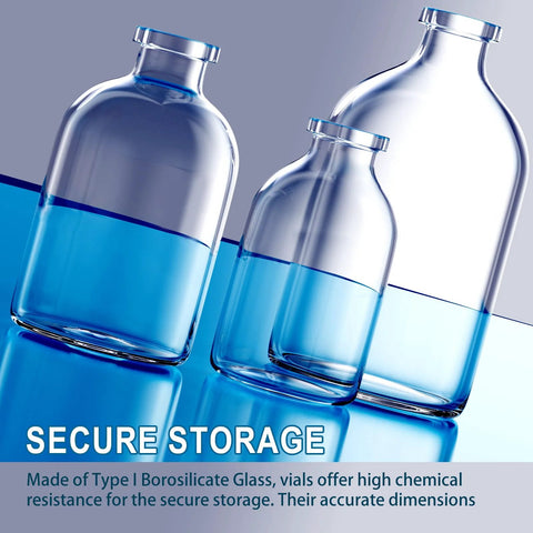 Three clear glass sample vials with blue liquid and blue caps, different sizes