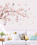 Cherry Blossom Wall Decals Set With Pink Magnolia Flowers, Tree Branches and Birds above sofa, peel and stick wall art
