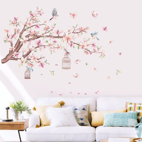 Cherry Blossom Wall Decals Set With Pink Magnolia Flowers, Tree Branches and Birds above sofa, peel and stick wall art