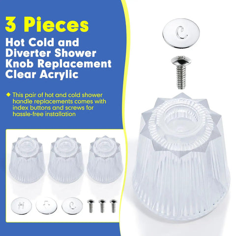 Replacement Bath And Shower Handle Set For Price Pfister Contessa And Windsor Faucets 12 Spline 12 Point Broach Hot Cold Diverter Clear Acrylic 3 Piece showing clear acrylic handles and mounting hardware.