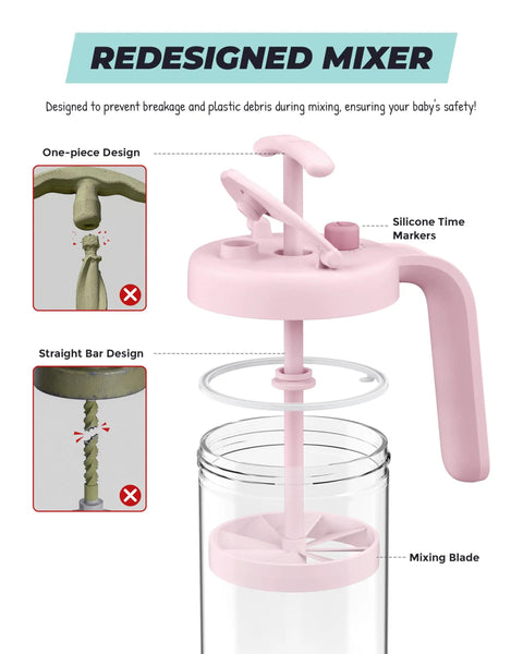The Go To Rock Solid Borosilicate Glass Breast Milk Pitcher With 32 Oz And Upgraded Bpa Free Mixing Spoon showcasing redesigned mixer features.