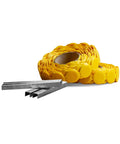 No Sweat 3/8 Inch 20 Gauge Cap Nosed Staples And Plastic Caps For Roofing Felt Housewrap Synthetic Underlayment Lumber Wrap Fits Stinger Guns, showing yellow plastic caps and metal staples.
