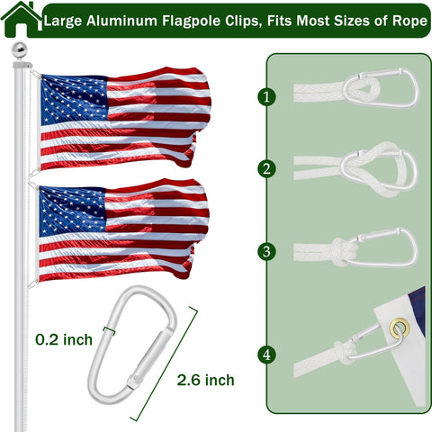 American flag on pole with large aluminum flagpole clips, demonstrating Garden Flag Pole Pulley And Rope Kit For 2 to 2.6 Inch Poles.